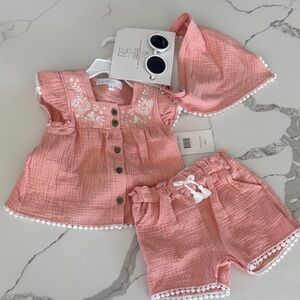 Peach Pink Baby Girl 3-Piece Summer Set with Hat